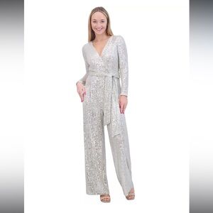 ELIZA J - Sequin Wrap Front Long Sleeve Jumpsuit